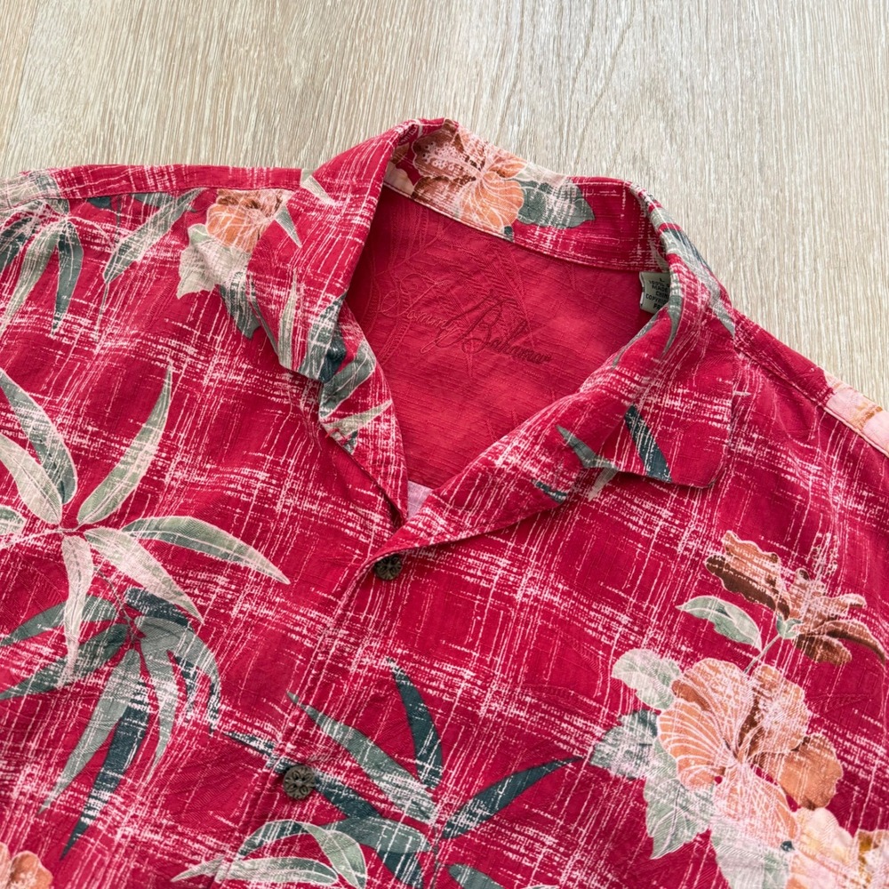 Tommy Bahama Silk Tropical Hibiscus Shirt‎ Mens Large Red Floral Aloha Button